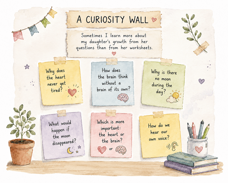 Sticky-note style curiosity wall displaying questions about space, the human body, and everyday science, showing how children's questions can spark exploration, conversation, and learning beyond worksheets.