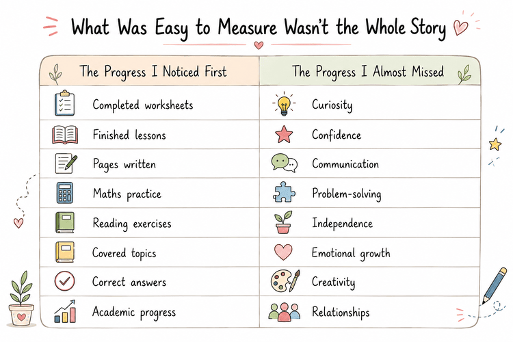 Table comparing academic progress indicators with less visible forms of growth such as curiosity, confidence, creativity, and emotional development.