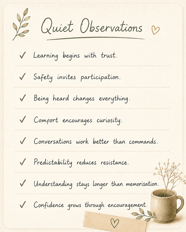 Handwritten notebook-style illustration titled "Quiet Observations" with reflections on emotional safety, trust, curiosity, and confidence in learning.