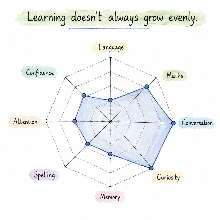 An illustrative radar chart showing that learning does not always grow evenly. Some areas, such as curiosity and talking, may appear stronger at one stage, while others, such as reading or writing, may develop more gradually over time.