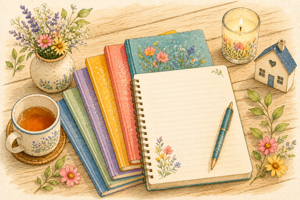 Homeschool Journal Stationery Illustration Watercolor notebook-style illustration of colorful notebooks, an open spiral notebook, and a jar of coloured pencils arranged on a wooden desk, representing a homeschool journal workspace.